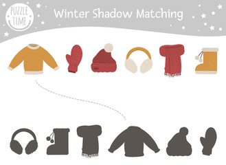 Wall Mural - Winter shadow matching activity for children with warm clothes. Cute funny sweater, mitten, hat, earmuffs, scarf, boot. Find the correct silhouette game..