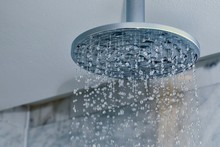 Shower Turned On, Ceiling Shower Head Closeup