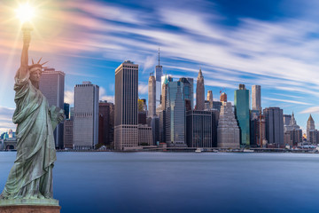 Wall Mural - Modern skyscrapers in New York City with Statue of Liberty