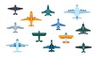 Flat airplanes. Top view of military jet aircraft and civil turbofan aviation planes, transport aviation. Vector isolated illustration civilian travel and military planes