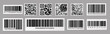 Barcode and QR code. Product price sticker with stripped identification mark for retail, data bar number. Vector inventory tag set or label products with scanner labeled information identity products