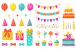 Birthday decoration. Kids party design elements, confetti balloons cakes colorful paper ribbons candles. Vector celebration birthday set with flag and balloons for happy baby holiday illustration