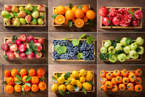 Fotografía food collage of fresh fruits in a wooden boxes