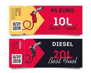 Wall Mural - Fuel torn off cards or advertising flayers with fuel gun illustration for types of gas and volume of liters and qr code, ready template