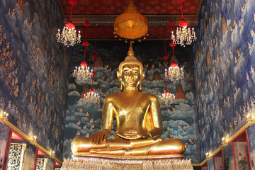 The golden meditating Buddha statue at Thai temple, Bangkok, Thailand