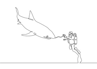 Wall Mural - Continuous single drawn one line of a scuba diver with a camera and a shark under the water