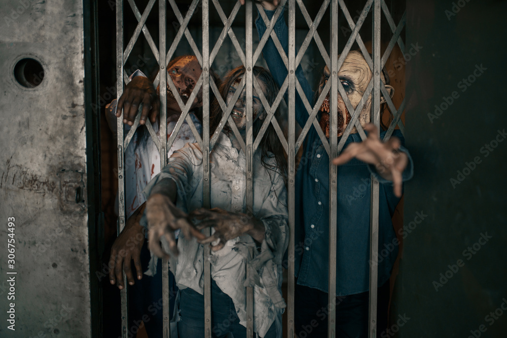 Zombie hands sticking out of the elevator, horror - obrazy, fototapety, plakaty 