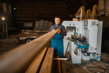 Carpenter works on woodworking machine, lumber