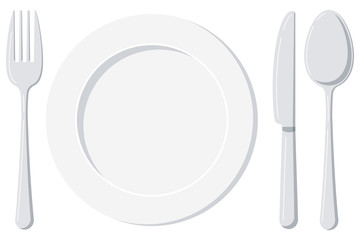 empty white plate with spoon, knife and fork isolated on a white background.