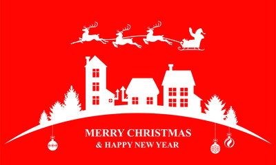 Sticker - Christmas banner with Santa Claus flying over the village