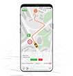 Map GPS navigation mockup screen. Smartphone UI UX KIT Mobile App. Thoughtful and simple application shows roads, speed limit, time. Application search map navigation, Finish pinpoint on the way. 