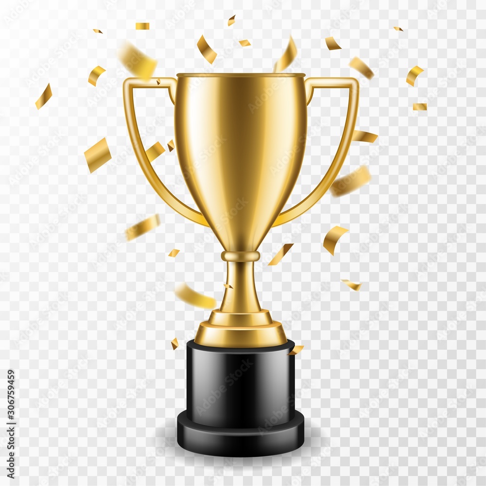 Trophy cup. Champion trophy, shiny golden cup and falling confetti, sport award. Winner prize, champions realistic vector concept - obrazy, fototapety, plakaty 