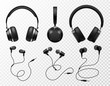 Music earphones. Black headphone, gaming headset. Audio gadget with speaker, wireless mobile earbuds isolated 3d vector set