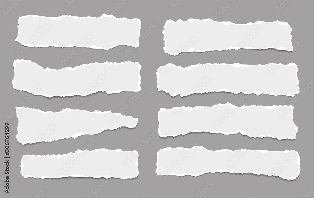 Pieces of torn horizontal white paper with soft shadow are on dark grey background for text. Vector illustration - obrazy, fototapety, plakaty 