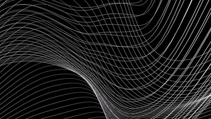 Lines light abstract background in motion. Fantastic colored fractal lines bend on black.