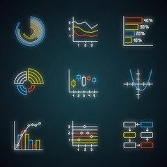 Sticker - Chart and graph neon light icons set. Horizontal histogram. Area chart. Function curve. Radial diagram. Pareto curve. Figure chart. Data connection. Glowing signs. Vector isolated illustrations