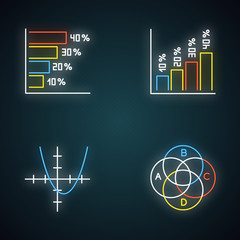 Sticker - Chart and graph neon light icons set. Horizontal and vertical histogram with interest rates. Function curve. Venn diagram. Trigonometry. Business. Glowing signs. Vector isolated illustrations