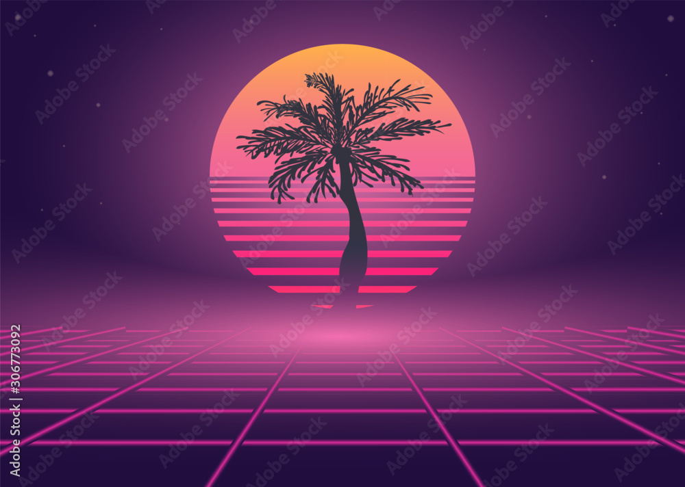 80s retro neon landscape with palm tree Stock Vector | Adobe Stock