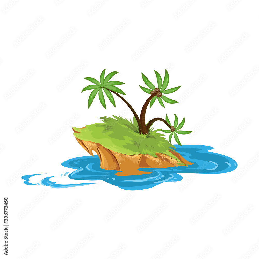 The tropical small desert island with three palm trees. Vector ...