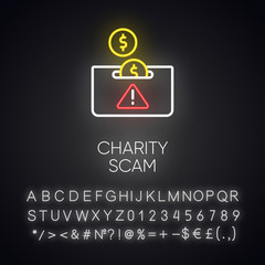 Charity scam neon light icon. Sham charity. Fake donation request. False fundraiser. Money theft. Cybercrime. Glowing sign with alphabet, numbers and symbols. Vector isolated illustration