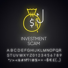 Wall Mural - Investment scam neon light icon. Ponzi, pyramid scheme. Financial fraud. Illegal money gain. Cybercrime. Phishing. Glowing sign with alphabet, numbers and symbols. Vector isolated illustration