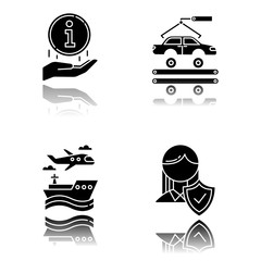 Sticker - Industry types drop shadow black glyph icons set. Automotive engineering. Information sign. Life insurance. Car, automobile repair. Vehicle factory. Transport, vehicle. Isolated vector illustrations