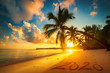 Happy New Year 2020 concept, lettering on the beach. Sea sunrise.