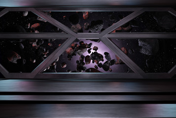  sci fi  corridor with view of space galaxy 3d rendering