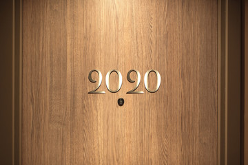 Happy New Year 2020 concept, lettering on the Hotel door