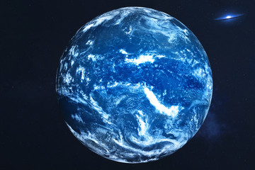 Wall Mural - neptune planet of solar system with white atmosphere with far galaxy on the background. twillight. b