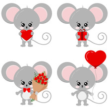 Cute Lovely Mouse Set Isolated On White Background - With Red Heart, Heart Shape Ballon, Flowers, Gift.