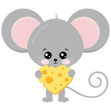 Cute Mouse And Heart Shape Piece Of Cheese In Paws Vector Illustration.