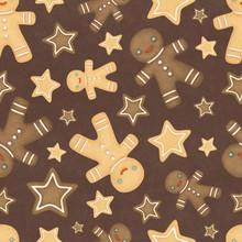 Gingerbread Men On A Brown Background. Christmas Seamless Pattern With Gingerbread Men
