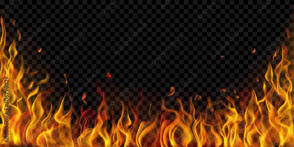 Translucent fire flames and sparks on transparent background. For used on dark illustrations. Transparency only in vector format - obrazy, fototapety, plakaty 
