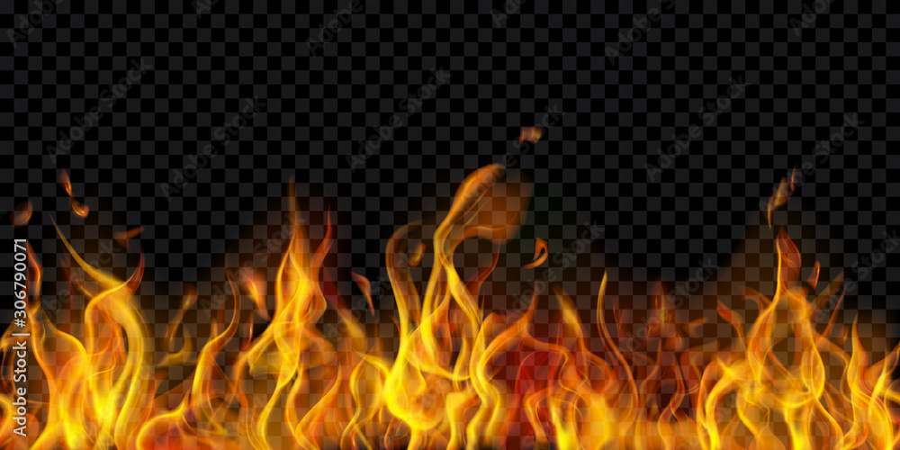 Translucent fire flames and sparks with horizontal repetition on transparent background. For used on dark illustrations. Transparency only in vector format - obrazy, fototapety, plakaty 