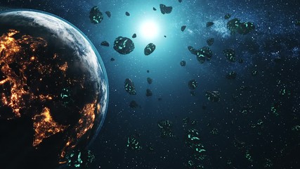 Wall Mural - meteor shower flying through solar system to earth. asteroid rock collision. realistic planet globe 