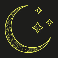 Wall Mural - crescent moon and stars with abstract patterns. hand drawn elements