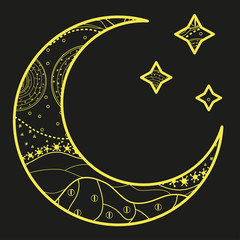 Wall Mural - crescent moon and stars with abstract patterns. hand drawn elements