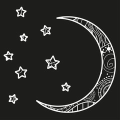 Wall Mural - crescent moon and stars with abstract patterns. black and white illustration