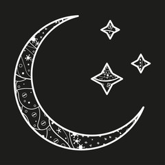 Wall Mural - crescent moon and stars with abstract patterns. black and white illustration