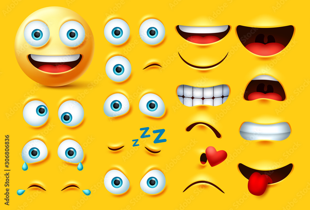 Smileys emoticon character creation vector set. Smiley emoji face kit eyes and mouth in angry, crazy, crying, naughty, kissing and laughing expression isolated in yellow background. - obrazy, fototapety, plakaty 