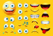 Smileys emoticon character creation vector set. Smiley emoji face kit eyes and mouth in angry, crazy, crying, naughty, kissing and laughing expression isolated in yellow background.