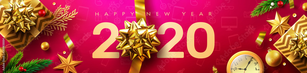 2020 Happy New Year Promotion Poster or banner with golden gift box and christmas decoration elements.Change or open to new year 2020 concept.Promotion and shopping template for New Year.Vector EPS10 - obrazy, fototapety, plakaty 