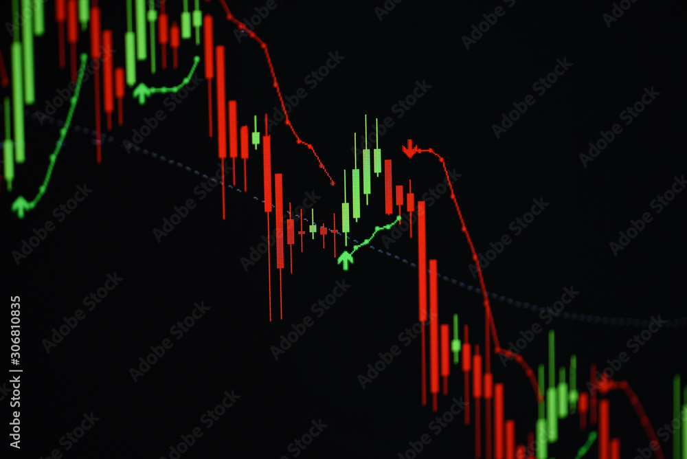 Stock crash market exchange loss trading graph analysis investment indicator business graph charts of financial digital background arrow down stock crisis red price in down trend chart - obrazy, fototapety, plakaty 