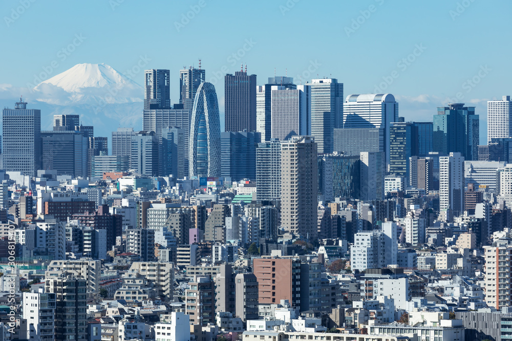 東京都 都市風景 青空の下の富士山と新宿ビル群1 Fototapety 東京都 都市風景 青空の下の富士山と新宿ビル群1 Fototapety