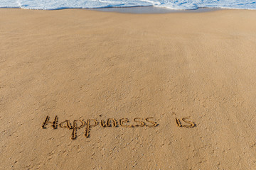 The words Happiness is written in the sand on the beach with a wave washing in