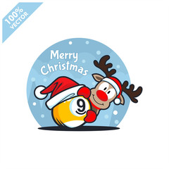 Billiard 9 ball santa hat with cartoon christmas deer logo vector