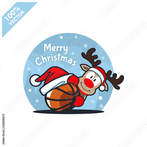 Basketball ball santa hat with cartoon christmas deer logo vector Tableau sur Toile