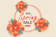 Spring sale banner template with paper flower on colorful background. Vector illustration