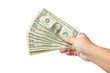 © kanpisut - Dollor Money in hand, isolated on white background. dollar currency of USA. american banknotes. currency scattered in hand. Money hundred dollars.US currency banknotes. Many dollor banknote.